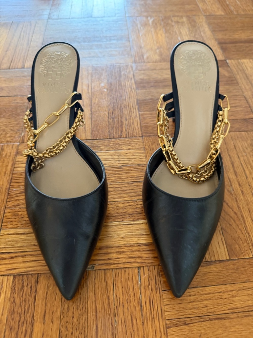 Like New Vince Camuto Black Pointed Mule Heels with Gold Chain Accent